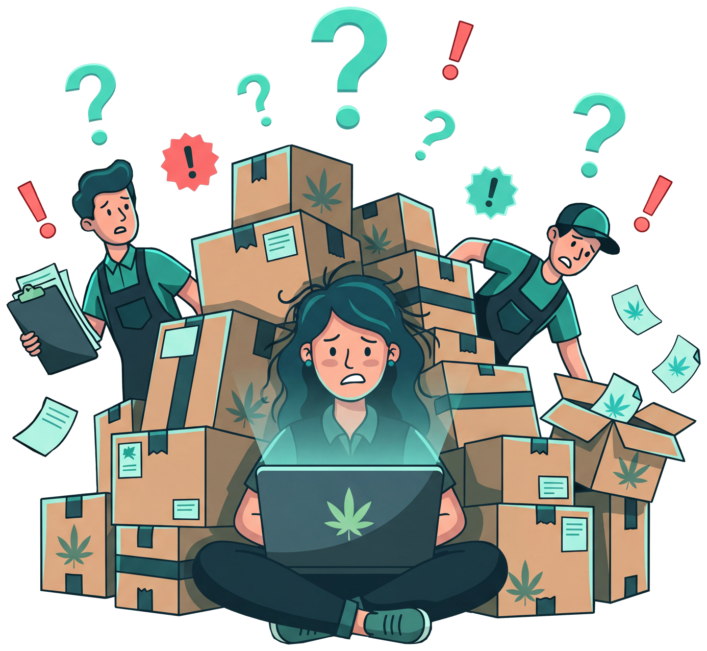 Cannabis packaging supply chain before PackTrack: stacked boxes, scattered question marks, confusion.